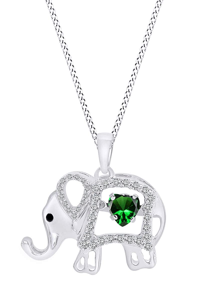 'AFFY 5MM Heart Simulated Birthstones And White CZ Elephant Pendant Necklace In 14k White Gold Over Sterling Silver Gemstone Elephant Jewelry Necklaces Gift For Her, 18'' Chain'