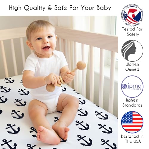 Image of Sweet Jojo Designs Fitted Baby Crib Sheets (Anchors) for Boys or Girls, Infant Nursery, Toddler Room - Standard Size (Nautical Theme, Ocean, Sailboat, Sea, Marine, Sailor, Anchor, Unisex, Neutral)