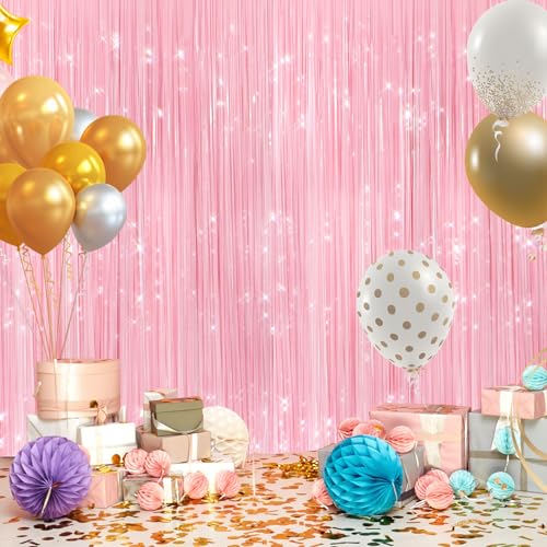 Image of 2Pack Pastel Pink Metallic Tinsel Foil Fringe Curtains, Pink Backdrop, Door Streamers Photo Booth Backdrop for Birthday Party, Tinsel Curtain Backdrop for Shower Bachelorette Xmas Party Decorations