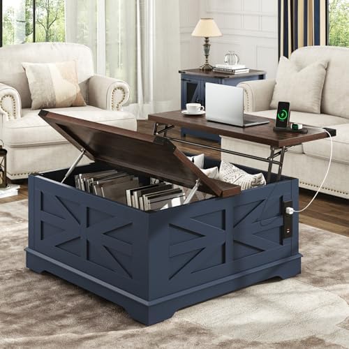 36" Farmhouse Movable Lift Top Coffee Table with Storage and Powe...