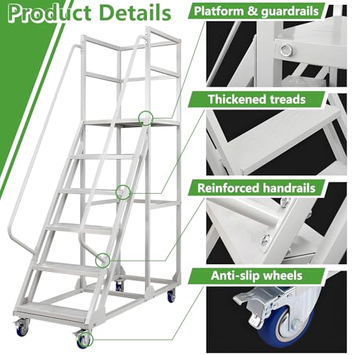 6 Steps Rolling Ladder, Mobile Platform Ladders with Handrails, Industrial & Warehouse Non-Slip Stair Ladder, Heavy Duty Step Ladders for Home Library Outdoor, 1100lbs Capacity