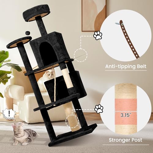 Image of 58.5inch Large Cat Tree Tower Condo for Indoor Cats, Soft Plush Multi-Level Climbing Tree Cat House with Cat Cave, Scratching Post, More Entrance /Exit, Sisal Rope, Night Black