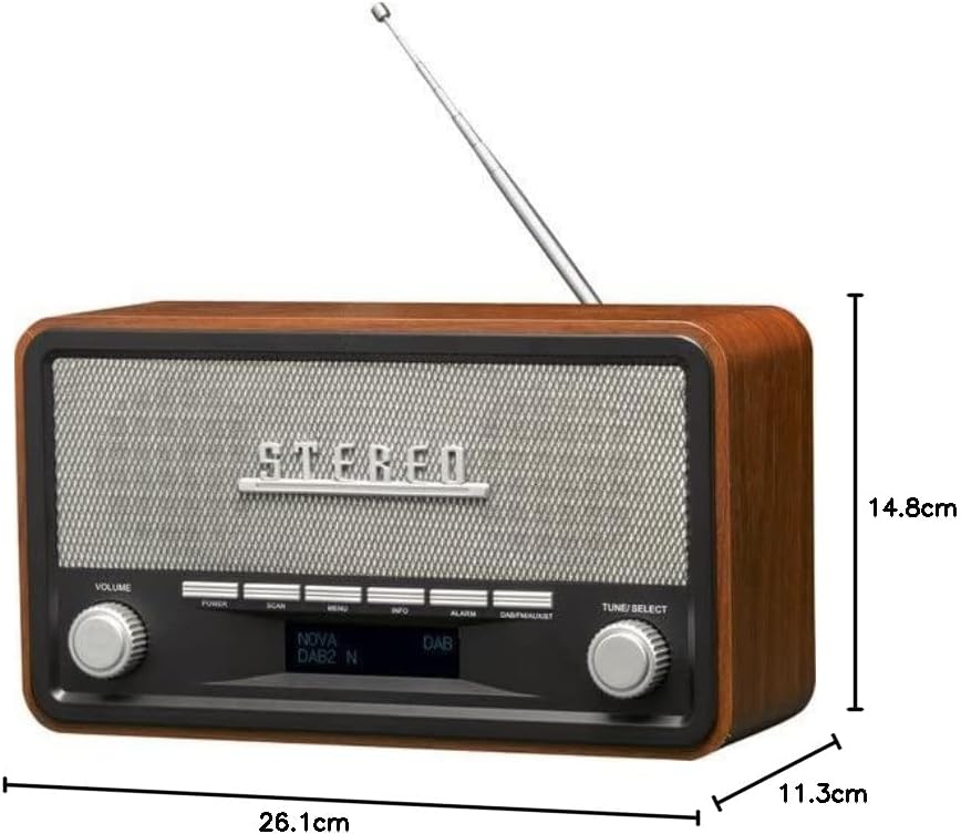 Радио Denver DAB-18, коричневое, 230 В | DAB Plus, FM и Bluetooth, 2 стереодинамика по 20 Вт, ЖК-дисплей, функция будильника, сетевая вилка