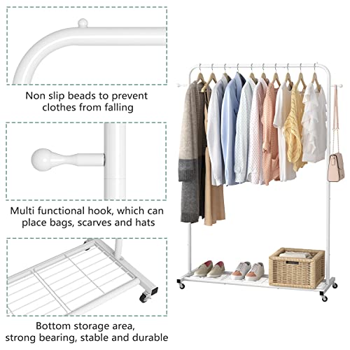 Sywhitta Clothes Rack On Wheels, Clothing Rack With Bottom Mesh Storage Shelf,Sturdy Metal Frame,Rolling Garment Rack For Hanging Clothes,Coats,Skirts,39.76" L X 16" W X 64.56" H,White #TOP2