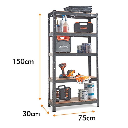 VonHaus 5-Tier Garage Shelves - Heavy Duty Garage Racking with Massive 875kg Capacity, 175KG per Shelf - Durable Metal Racking for Garage, Shed and Workshop Storage - 150cm H 75cm W 30cm D 3 VonHaus 5-Tier Garage Shelves - Heavy Duty Garage Racking with Massive 875kg Capacity, 175KG per Shelf - Durable Metal Racking for Garage, Shed and Workshop Storage - 150cm H 75cm W 30cm D - Image 3