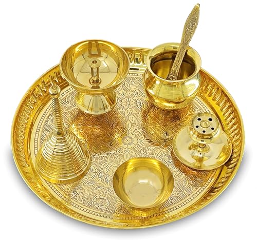 Image of BENGALEN Brass Pooja Thali Set 8 Inch Puja Thali with Pital Plate Kalash Piyali Diya Ghanti Dhup Dan Chandan Wati Palli Arti Thali for Diwali Home Office Mandir Wedding Return Gift Items