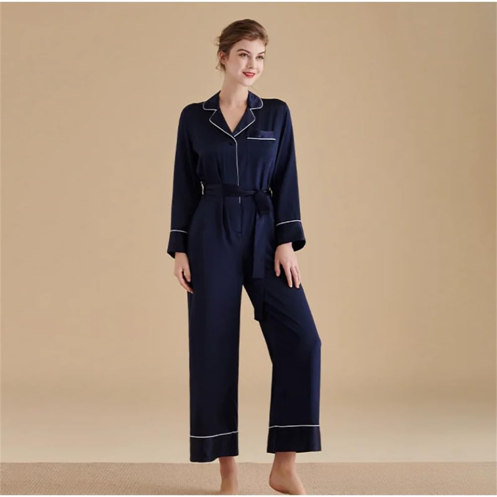 Damska piżama Onesie z jedwabiu 22 MM, swobodna, lekka, z długim rękawem, nocna, odzież domowa, granatowa-XXL,Navy Blue-XXL