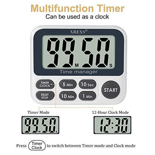 XREXS Digital Kitchen Timer, Magnetic Countdown Up Cooking Timer with Large LCD Display, Adjustable Volume, Loud Alarm & Strong Magnet for Teachers (Batteries Included) - Thumbnail 2