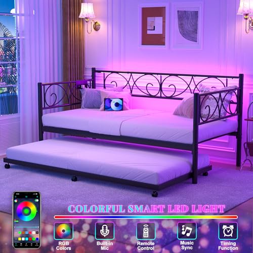 Unikito Daybed with Trundle Bed, Twin Bed Frame with Charging Station and LED Lights, Metal Sofa Day Bed with Pop Up Trundle and Steel Slat Support for Living Room, Bedroom and Guest Room, Black - Thumbnail 6