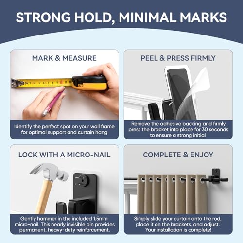 PeSenp 2.0 Upgraded No-Drill Curtain Rod for Windows 48 to 84 inches – Renter-Friendly Adhesive & Pin-Nail Mount, 5/8" Black Adjustable Rod, Minimal Wall Damage - image 8