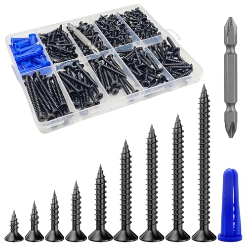 Wensilon (385PCS) Flat Head Black Wood Screws, Quick Metal self Tapping Flat Head, Equipped with Dry Wall Plastic Anchor kit.