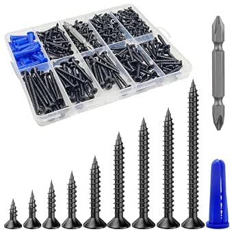 Wensilon 385PCS Wood Screws Assortment Kit, Black Flat Head Wood Screws with Drywall Anchors