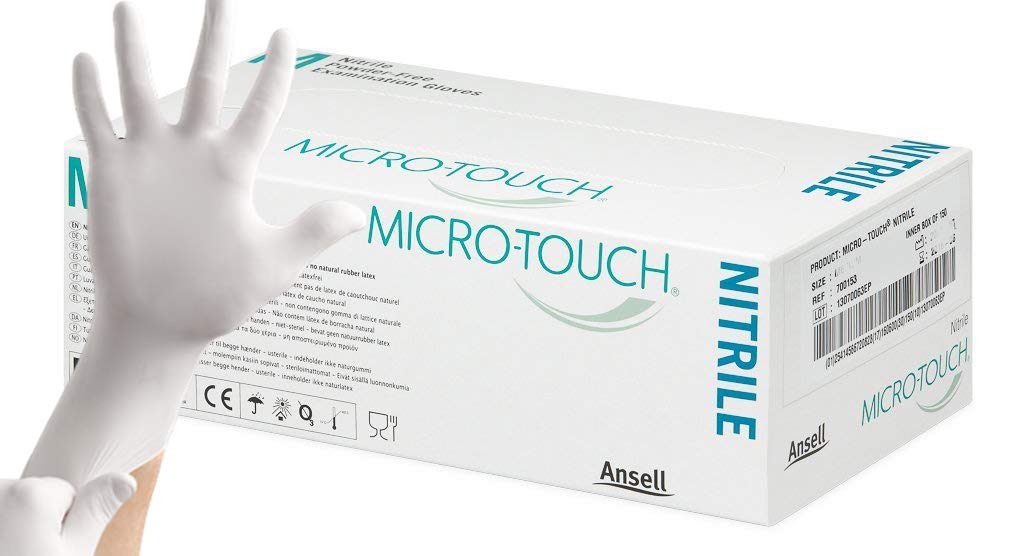 150pk Microtouch WHITE Nitrile Gloves | EN374 Medical Grade AQL 1.5 | Disposable Powder Free Non Sterile Gloves, Ambidextrous | Latex Free | Food Safe | Size SMALL