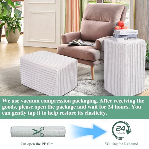 Setguopal Rectangular Pouf Ottoman, Stuffed Floor Pouf with Foam Chunk Filling, Soft Coral Fleece Furry Foot Rest Stool, Multi-Use Ottoman for Living Room, Wide Stripe Boho Decor, White by Setguopal - Used condition - Image 8