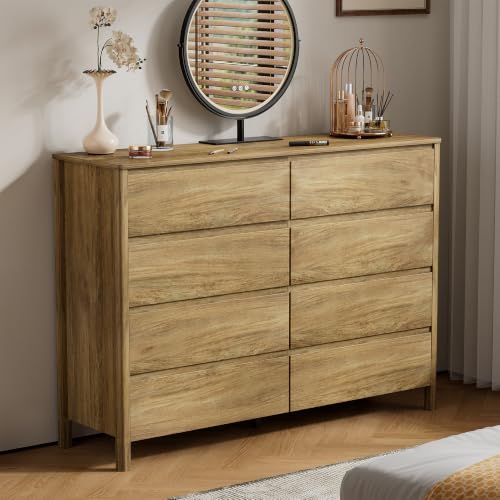 Image of Furniway 3 Piece Bedroom Set, 8 Drawer Dresser and Nightstands, Natural Oak
