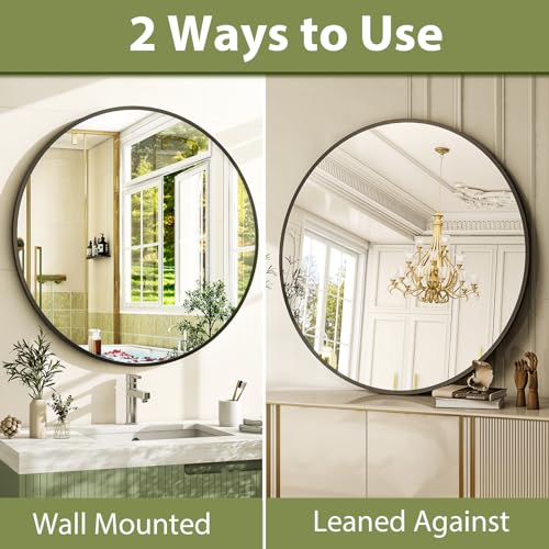 Image of EASLY 24 Inch Round Mirror, Black Metal Frame Wall Mirror for Bathroom