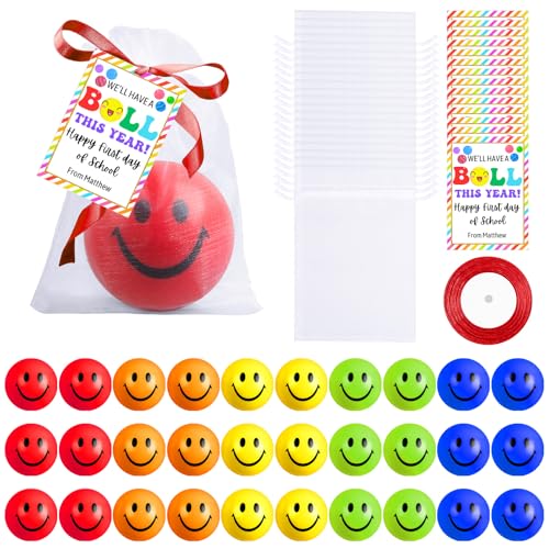 30 Sets Back to School Gifts Colorful Smile Stress Balls with with Inspirational Cards Ribbon Organza Bag 2.5 Inch Happy Face Stress Balls Gifts for Back to School Classroom Prize School Supplies