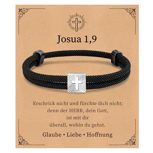FLHEART Kreuz Armband Geschenke für Jungen Männer - Schwarz Segeltau Armband mit Kreuz Jesus Christus Josua Armbänder Schmuck Ostern Konfirmation Christliche Geschenk Jungs Herren