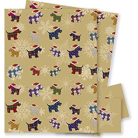 Christmas Westie Dogs Wrapping Paper - 2 Sheets of Gift Wrap and Tags - Size 70x50cm - By Jonathan Glick Designs - Dogs in Santa Hats on Gold - Recyclable & Eco Friendly Cover