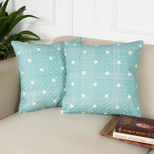 Image of STITCHNEST 'QuadraNest' Series Printed Quilted Velvet Cushion Cover 16x16 Inch Set of 2 | Premium Soft Fabric, Washable & Fade Resistant | Decorative Living Room Cushion Covers | Pastel Green