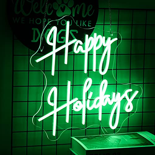 Image of Happy Holiday Neon Sign Dimmable Letter Neon Signs Green Led Neon Light Powered USB for University Dormitory, Room Decoration, Office, Holiday Party