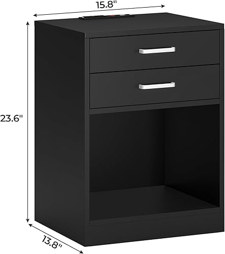 Miniatura 3 de ADORNEVE Juego de 2 mesitas de noche negras con estación de carga y cajones mesitas de noche para dormitorios juego de 2