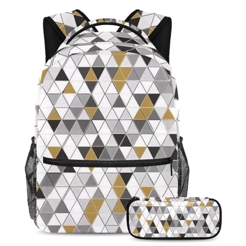 Cartable 2 pièces avec trousse géométrique triangle argenté doré pour garçons et filles