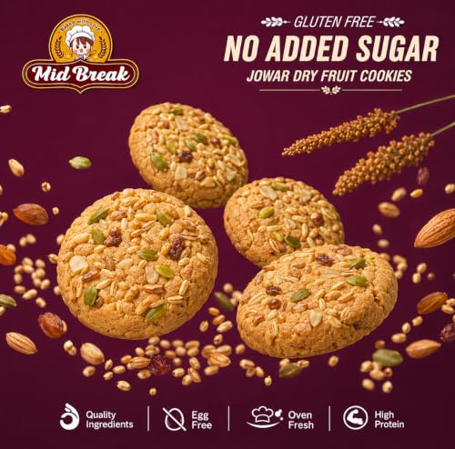 Image of Midbreak No Added Sugar Jowar Millet & Dry Fruit Cookies 200g (Pack of 1) |Gluten-Free Biscuits | High Fiber Diabetic-Friendly Healthy Snack