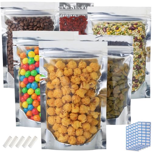300-Pack Reclosable Large Mylar Bags for Food Storage 8.7" x 11.4" Stand Up Pouch Bags Bulk Resealable Smell Proof Aluminum Silver Foil Bags with Clear Window Kitchen Storage Edible Packaging