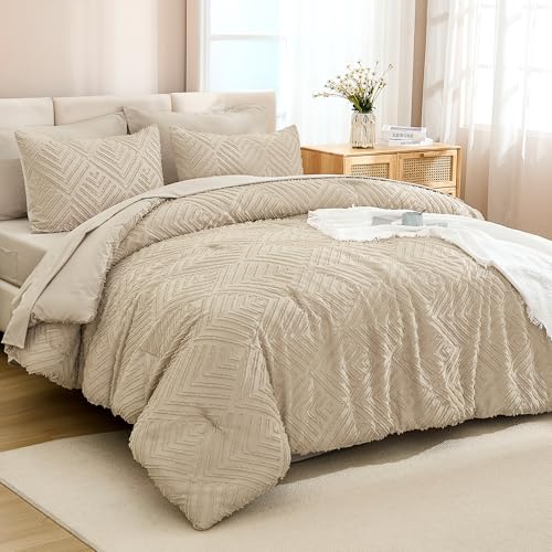 Image of Andency Oversized Queen Size Comforter Set with Sheets Khaki - 7 Pieces Bed in a Bag Oversized Queen Boho Tufted Lightweight Bedding Sets with Comforter, Sheets, Pillowcases & Shams