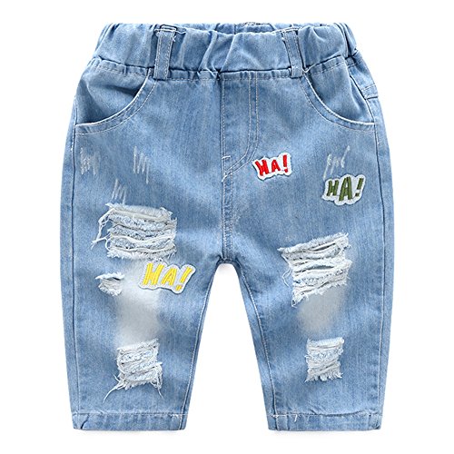 Boys Clothes Embroidered Elastic Casual Skinny Ripped Capri Jeans - Main Image
