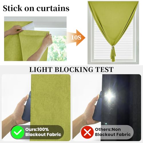 Image of 100% Blackout Self Adhesive Curtains, Black Out Shade for Window, Fabric Temporary Window Coverings Easy to Hang Curtains No Rod Needed, Use for Room, Kitchen, W52 x L60 inch, 1 Panel, Fruit Green