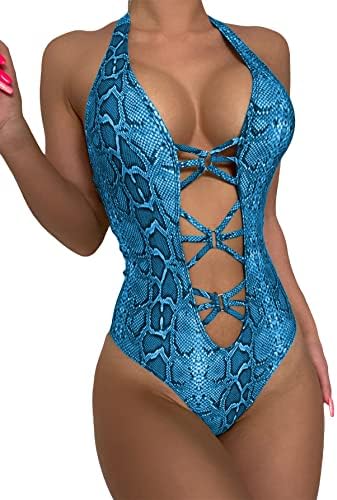 MakeMeChic Women's Sexy Snakeskin One Piece Swimsuit Metallic Rave Outfit Bathing Suits Blue B M