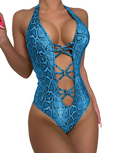 Makemechic Women's Sexy Snakeskin One Piece Swimsuit Metallic Rave Outfit Bathing Suits Blue B M #TOP23