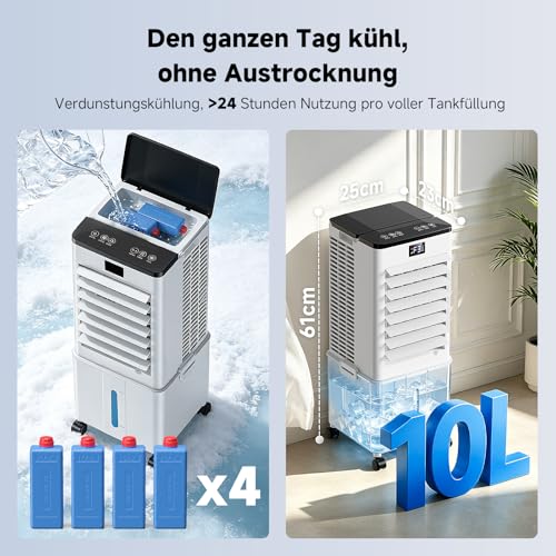 Klimaanlage Mobil 10L, 60W Klimagerät ohne Abluftschlauch, Klimaanlage mit 12H Timer, 4 Modus, 120°Oszillation, Abnehmbare Wassertank, Klimageräte Tragbarer Luftkühler für Wohnung Zimmer Räu-3