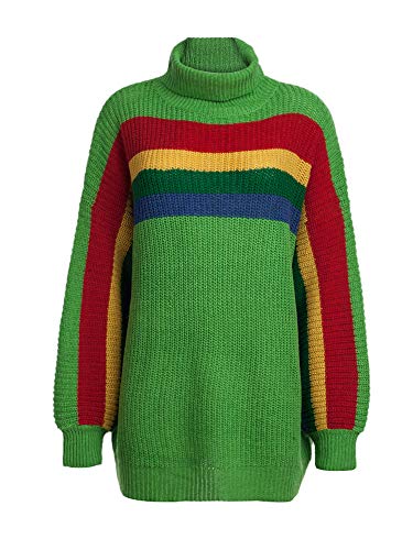 pedkit Moda Feminina De Malha Camisola Listras Coloridas De Gola Alta Manga Comprida Solta Jumper Qu