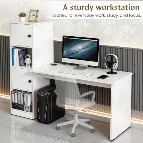Image of ABOUT SPACE Study Table with Cabinet - Computer Table with 2 Open, 2 Closed Storage Space DIY Engineered Wood Office Desk for PC Laptop Gaming (White - L 158.5 x B 56 x H 146.5cm)