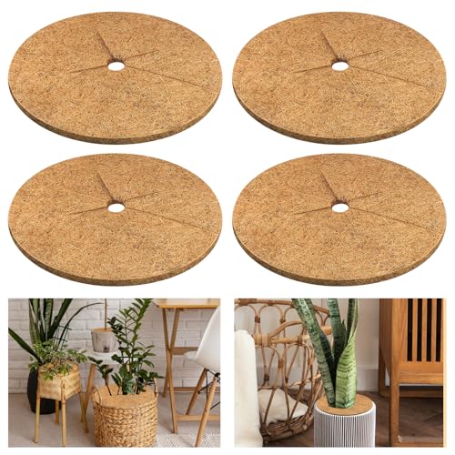 Legigo 4pcs Coconut Fiber Mulch Ring Tree Plant Protector Mat, 14 Inch Natural Coco Coir Tree Mulch Ring Plant Pot Soil Cover, Tree Rings Disc Plant Cover for Indoor Outdoor Plants, Landscaping