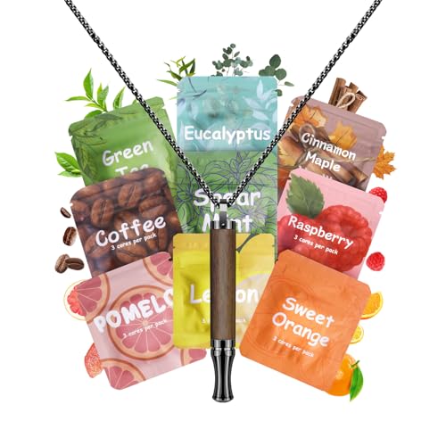 ASTOFLI Anxiety Breathing Necklace with Resistance: 9 Flavoured Pack Air Wooden Breathlace with Resistance Filter Natural Essential Oil Breath Quitgo Breathing Necklace Stress Anxiety Relief Chain