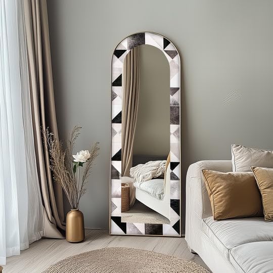 23,5’’W x 67’’H Black and White Patchwork Arch – Full & Lenght Floor Mirror Arched Full Lenght Mirror - Arch Full Body Stained Floor Mirror with Black Frame with Black Frame