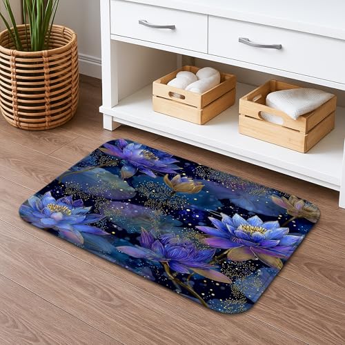 Elegante tappetino da bagno blu con ninfee ad asciugatura rapida, tappetino da doccia assorbente, motivo floreale artistico, antiscivolo, lavabile in flanella, tappeto da bagno per WC, decorativo, 50