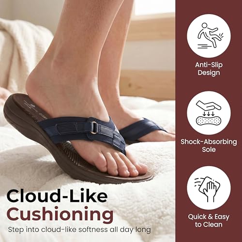 Image of Clarks Womens Breeze Sea Flip-Flop Sandals - Comfortable Flip Flop with Adjustable Hook and Arch Support - Casual Summer Wearing Cloudsteppers for Everyday