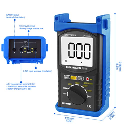 Digital Insulation Resistance Tester, Ap-6688B Auto Range Megohmmeter 1999 Counts Lcd Display 500/1000/2500/5000V Voltage,1Mω~200Gω Resistance Testing With Data Hold Backlit For Motor Cables Switches #TOP2
