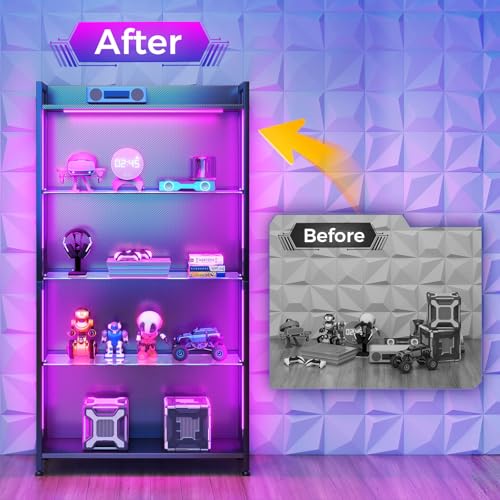 Image of AODK Display Case with Glass Shelves & RGB Lights, 4-Tier Display Cabinet | LED Display Shelf with Industrial Metal Mesh & Open Shelf Design for Collectibles, Black Curio Cabinet, Book Case