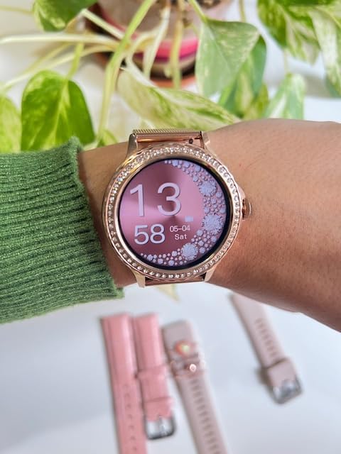 Smart Watch for Women Rose Gold with Diamonds.IP67 Fitness Tracker Sports Modes Smartwatches for Android iPhone iOS 3 Different Straps 4 Charms as Gift image 6 of 9 B0CZXP9BMG