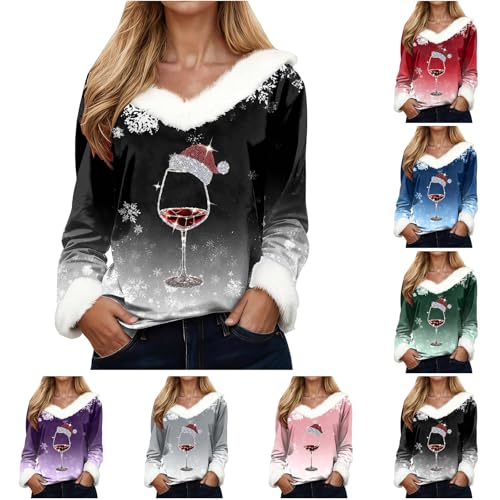 Pull De Noel Femme Col V Fourrure Manches Longue Imprimé Tee Shirt Décontracté Sweatshirt Mode T Shirt Christmas Elégant Tenue Fourrure Sexy Haut Noel Chemise Femme Rigolo Noël Adulte Beau (XXXL)