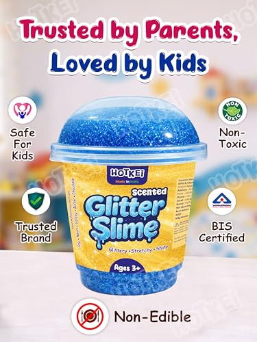 Image of HOTKEI Blue Glitter Slime for Kids 3+ Years Super Stretchy Soft and Smooth Shiny Non-Toxic Sparkle Fun Slime Toy Birthday and Return Gift for Boys and Girls