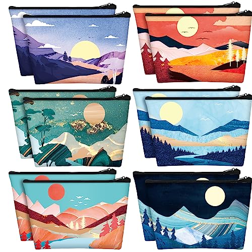 Sweetude 12 Pcs Mountain Makeup Bag Portable Travel Cosmetic Bag Cute Zipper Pouches for Travel Waterproof Toiletry Organizer Printed Storage Pouch for Women Gifts