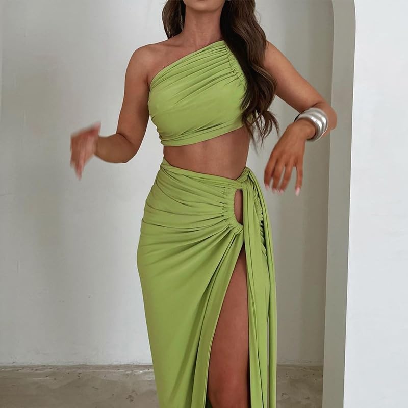 Women Sexy Maxi Skirt Set Y2k Strapless One Shoulder Hollow Out Tops High Split Skirt 2 Piece Party Club Dress4