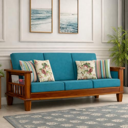 Image of Solid Sheesham Wood 3 Seater Sofa for Living Room | Couch Sofa for Living Room | Sofa Set Furniture for Home| Settee 3 Seater - Teal